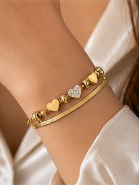 Gold Heart Bead Bracelet with Pavé Accent